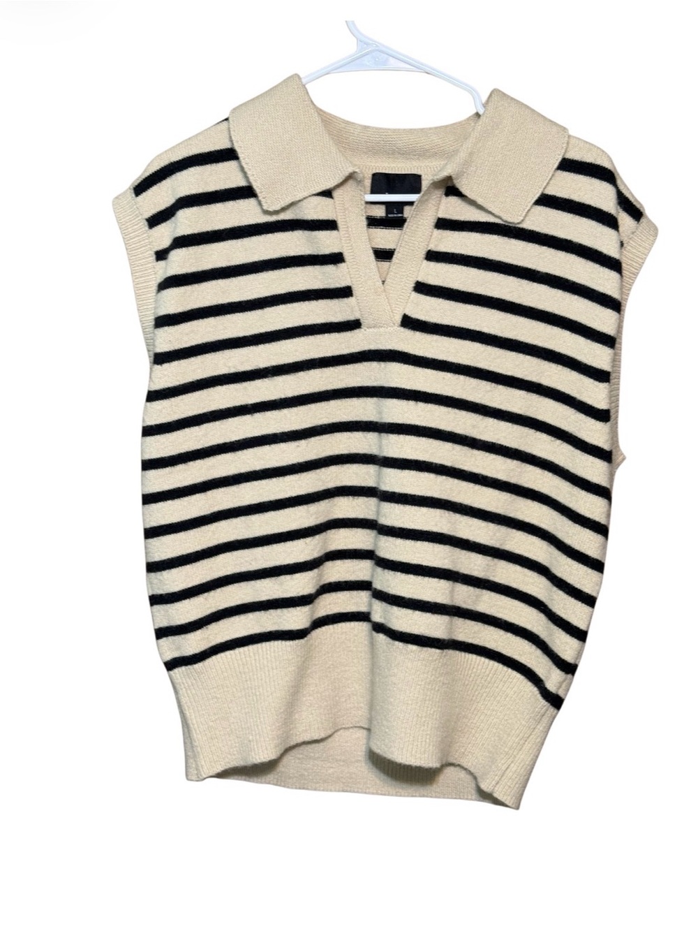 Lumiere Striped Sweater Vest Large Beige Black Collared Knit Top - Picture 2 of 3